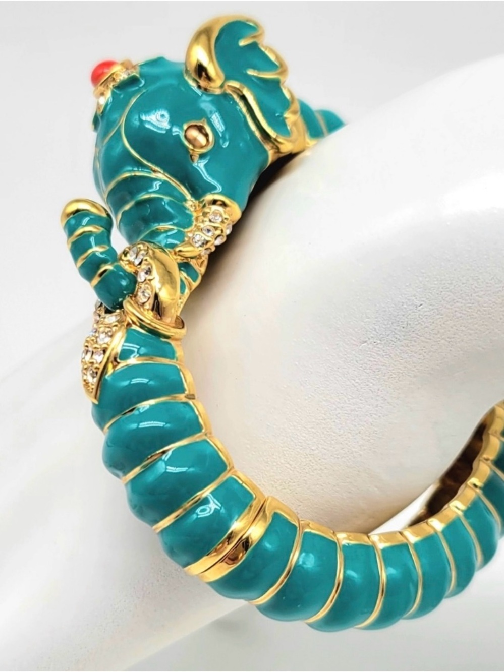 Kenneth Jay Lane KJL Turquoise Enamel Swarovski Crystal Elephant Clamper Bangle